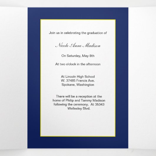 ブルー金ゴールドイエローフォト卒業のお知らせ(&L) 三つ折り案内状 (内部中)