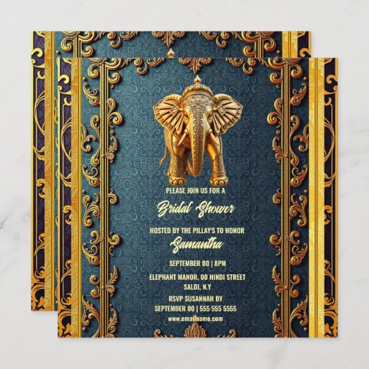 ブルー金ゴールドインディアンゾウフローラブライダルシャワー シーズンカード (正面/裏面)