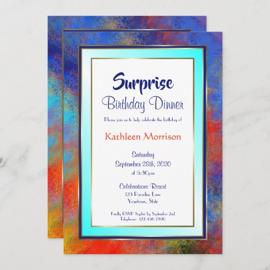 ブルー金ゴールドウォーターカラーサプライズ誕生日ディナー 招待状 (正面/裏面)