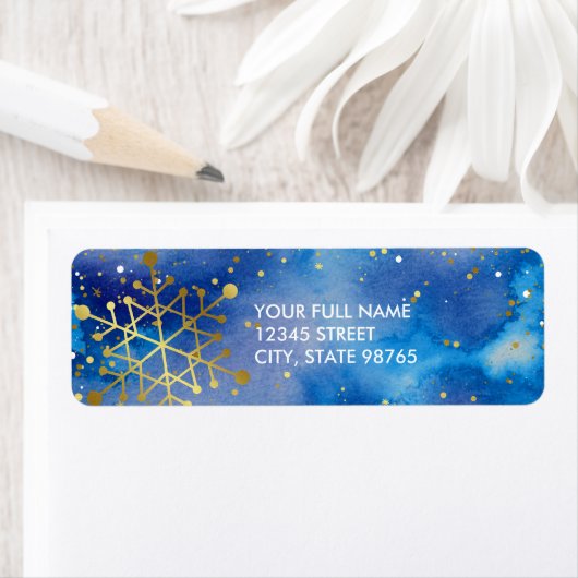 ブルー金ゴールドウォーターカラースノーフレーク差出人住所 ラベル (インサイチュ)