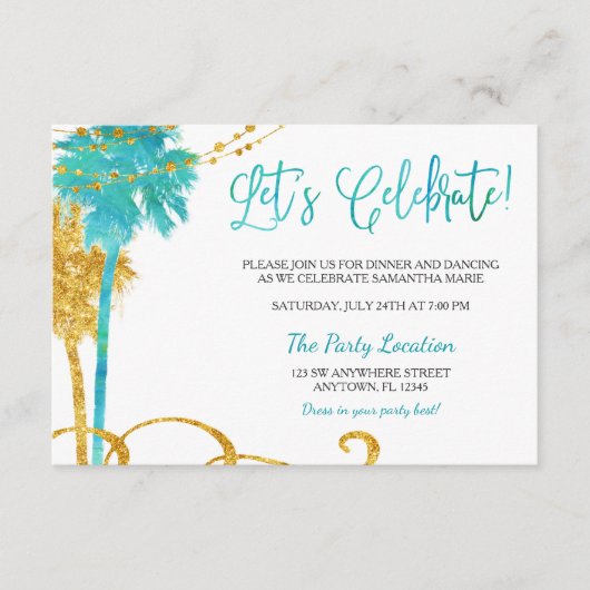 ブルー金ゴールドウォーターカラービーチバルミツワー披露宴 エンクロージャーカード (正面)