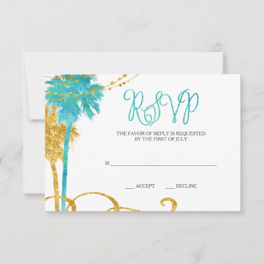 ブルー金ゴールドウォーターカラービーチバルミツワーRSVP 出欠カード (正面)