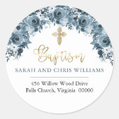 ブルー金ゴールドウォーターカラーフローラバプテスマ差出人住所 ラウンドシール (正面)