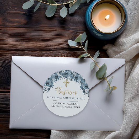 ブルー金ゴールドウォーターカラーフローラバプテスマ差出人住所 ラウンドシール