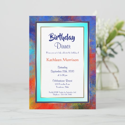 ブルー金ゴールドウォーターカラー誕生日ディナー招待状 招待状 (スタンド正面)