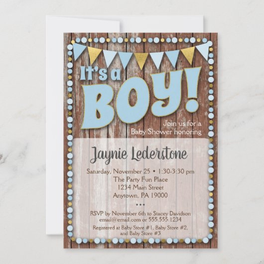 ブルー金ゴールドウッドそれが男の子の赤ちゃんシャワー招待状 招待状 (正面)