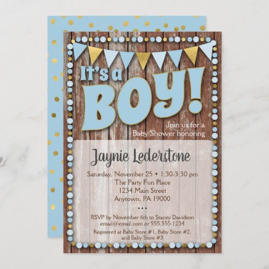 ブルー金ゴールドウッドそれが男の子の赤ちゃんシャワー招待状 招待状 (正面/裏面)