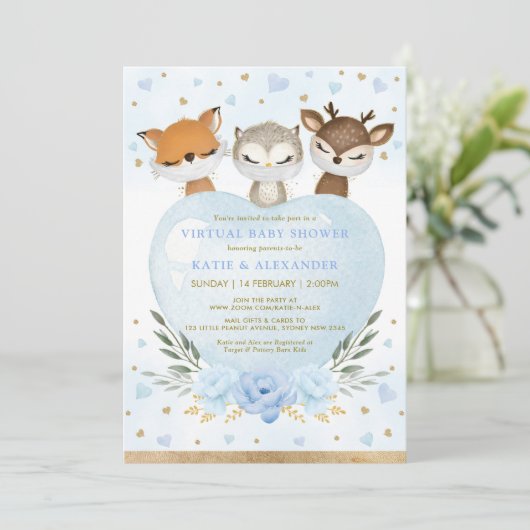 ブルー金ゴールドウッドランドスイートアートバーチャルベビーシャワー 招待状 (スタンド正面)