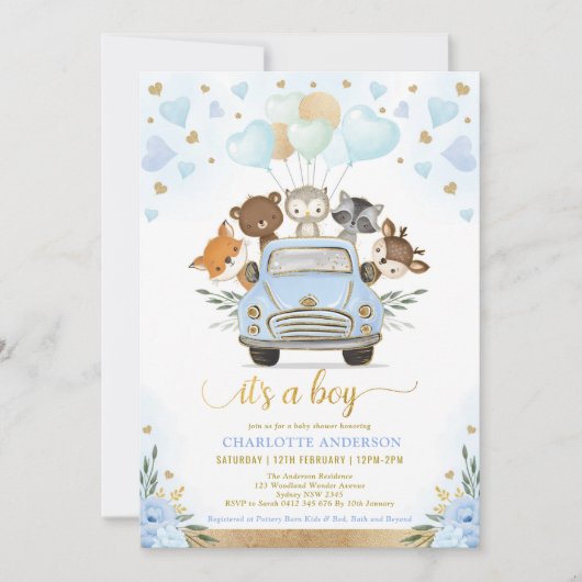ブルー金ゴールドウッドランドスウィートアート男の赤ちゃんシャワー 招待状 (正面)