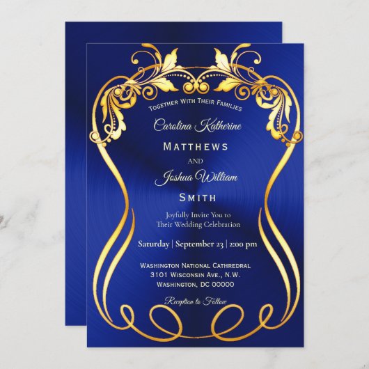 ブルー金ゴールドエレガントな結婚式 招待状 (正面/裏面)