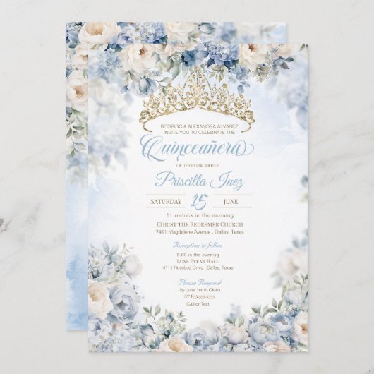 ブルー金ゴールドエレガントウォーターカラーフローラキンセアニラ 招待状 (正面/裏面)