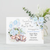 ブルー金ゴールドエレガントフローラトラベルブライダルシャワー 招待状 (スタンド正面)