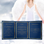 ブルー金ゴールドエレガント写真三回葬儀プログラム 三つ折り案内状