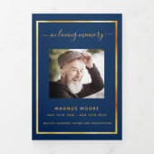 ブルー金ゴールドエレガント写真三回葬儀プログラム 三つ折り案内状 (カバー)