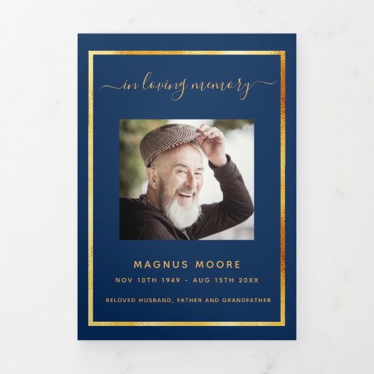 ブルー金ゴールドエレガント写真三回葬儀プログラム 三つ折り案内状 (カバー)