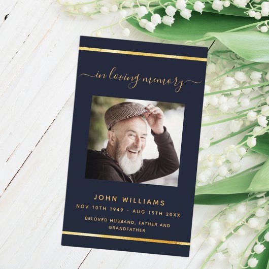 ブルー金ゴールドエレガント写真葬儀プログラムカード 名刺