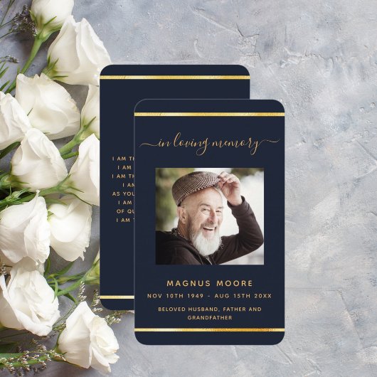 ブルー金ゴールドエレガント写真葬儀祈りの言葉 名刺