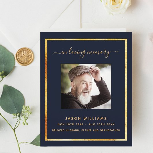 ブルー金ゴールドエレガント写真葬儀