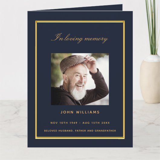 ブルー金ゴールドエレガント写真葬儀 サンキューカード (正面)