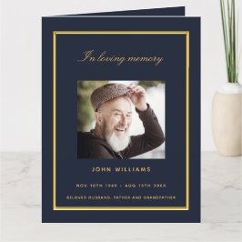 ブルー金ゴールドエレガント写真葬儀 サンキューカード