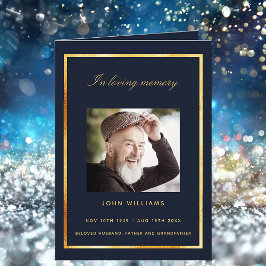 ブルー金ゴールドエレガント写真葬儀 サンキューカード