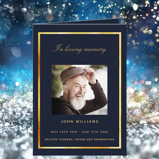 ブルー金ゴールドエレガント写真葬儀 サンキューカード