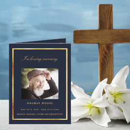 ブルー金ゴールドエレガント写真葬儀 サンキューカード