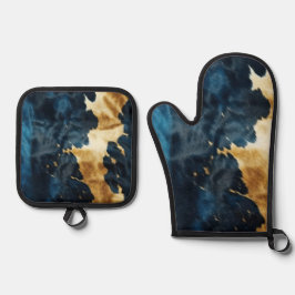 ブルー金ゴールドカウボーイ女性のカーボーイカウハイド 鍋つかみ&鍋敷きセット
