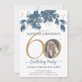 ブルー金ゴールドカスタムフローラ写真60誕生日 招待状 (正面)