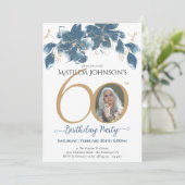 ブルー金ゴールドカスタムフローラ写真60誕生日 招待状 (スタンド正面)