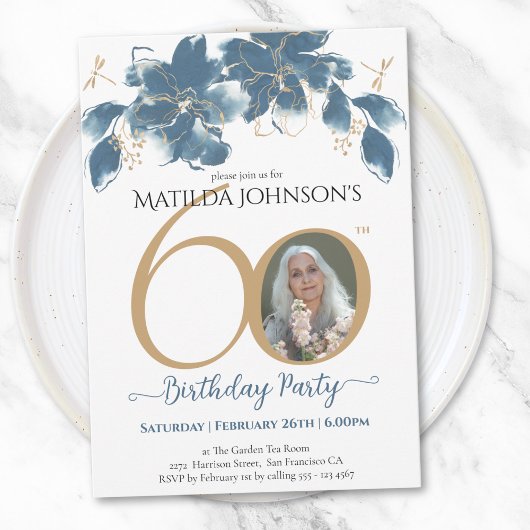 ブルー金ゴールドカスタムフローラ写真60誕生日 招待状