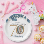 ブルー金ゴールドカスタムフローラ写真70th誕生日パーティー ペーパープレート (パーティー)