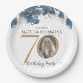 ブルー金ゴールドカスタムフローラ写真70th誕生日パーティー ペーパープレート (正面)