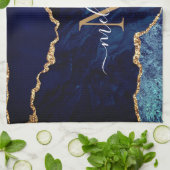 ブルー金ゴールドカスタム大理石レターネームキッチンタオル キッチンタオル (折り畳み)