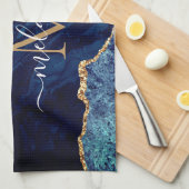 ブルー金ゴールドカスタム大理石レターネームキッチンタオル キッチンタオル (四つ折り)