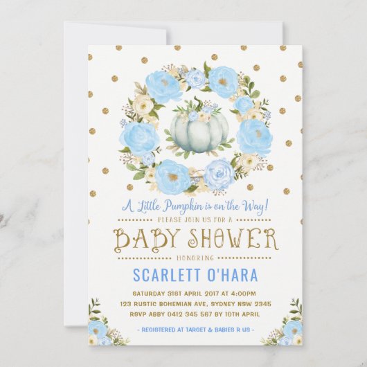 ブルー金ゴールドカボチャフローラボーイベビーシャワー 招待状 (正面)