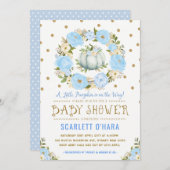 ブルー金ゴールドカボチャフローラボーイベビーシャワー 招待状 (正面/裏面)