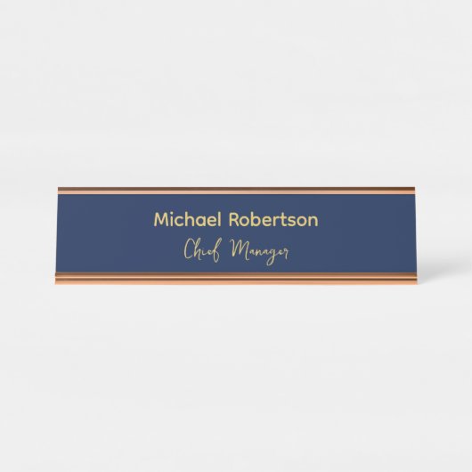 ブルー金ゴールドカラープロフェッショナルトレンディーモダンプレーン デスクネームプレート (正面)