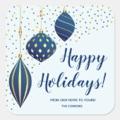 ブルー金ゴールドクリスマスオーナメントとドットホリデイ スクエアシール (正面)