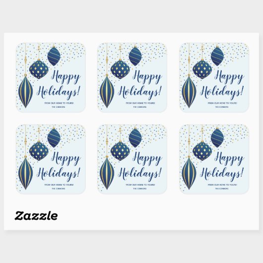 ブルー金ゴールドクリスマスオーナメントとドットホリデイ スクエアシール (シート)