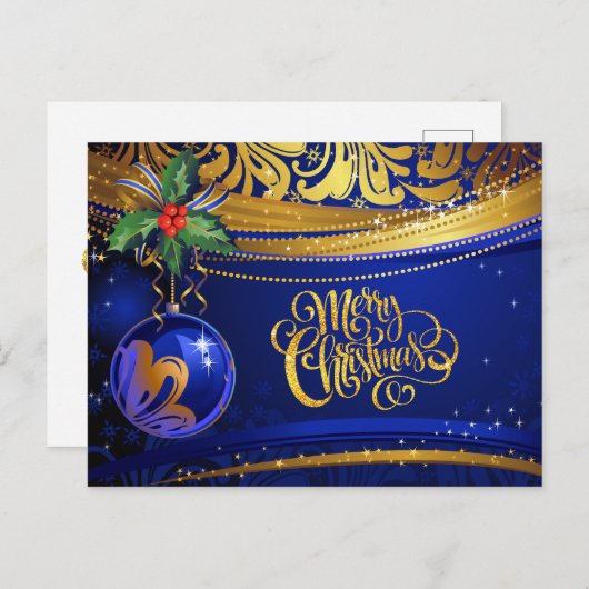 ブルー金ゴールドクリスマスオーナメントクリスマスホリー シーズンポストカード (正面/裏面)