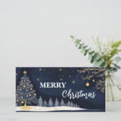 ブルー金ゴールドクリスマスツリーキャンドルとギフトカード シーズンカード (スタンド正面)