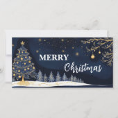 ブルー金ゴールドクリスマスツリーキャンドルとギフトカード シーズンカード (正面)