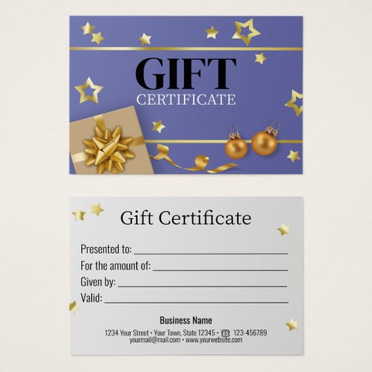 ブルー金ゴールドクリスマスボールスターリボンギフトカード (正面&裏面)