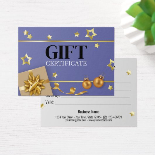 ブルー金ゴールドクリスマスボールスターリボンギフトカード (デスク)