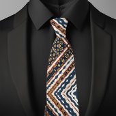 ブルー金ゴールドクリームラストジグザグジオメトリックパターン ネクタイ