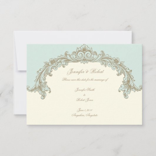 ブルー金ゴールドクリームヴィンテージフレーム日付の保存 セーブザデート (正面)