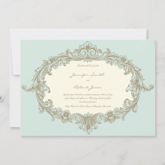 ブルー金ゴールドクリームヴィンテージフレーム結婚式招待状 招待状 (正面)