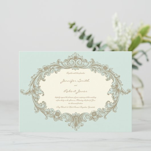 ブルー金ゴールドクリームヴィンテージフレーム結婚式招待状 招待状 (スタンド正面)