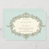 ブルー金ゴールドクリームヴィンテージフレーム結婚式招待状 招待状 (正面/裏面)